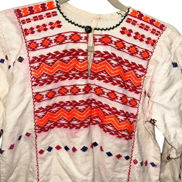 Vintage. Oaxaca orange white all embroidered aztec silver turquoise tunic top M - Picture 2 of 5
